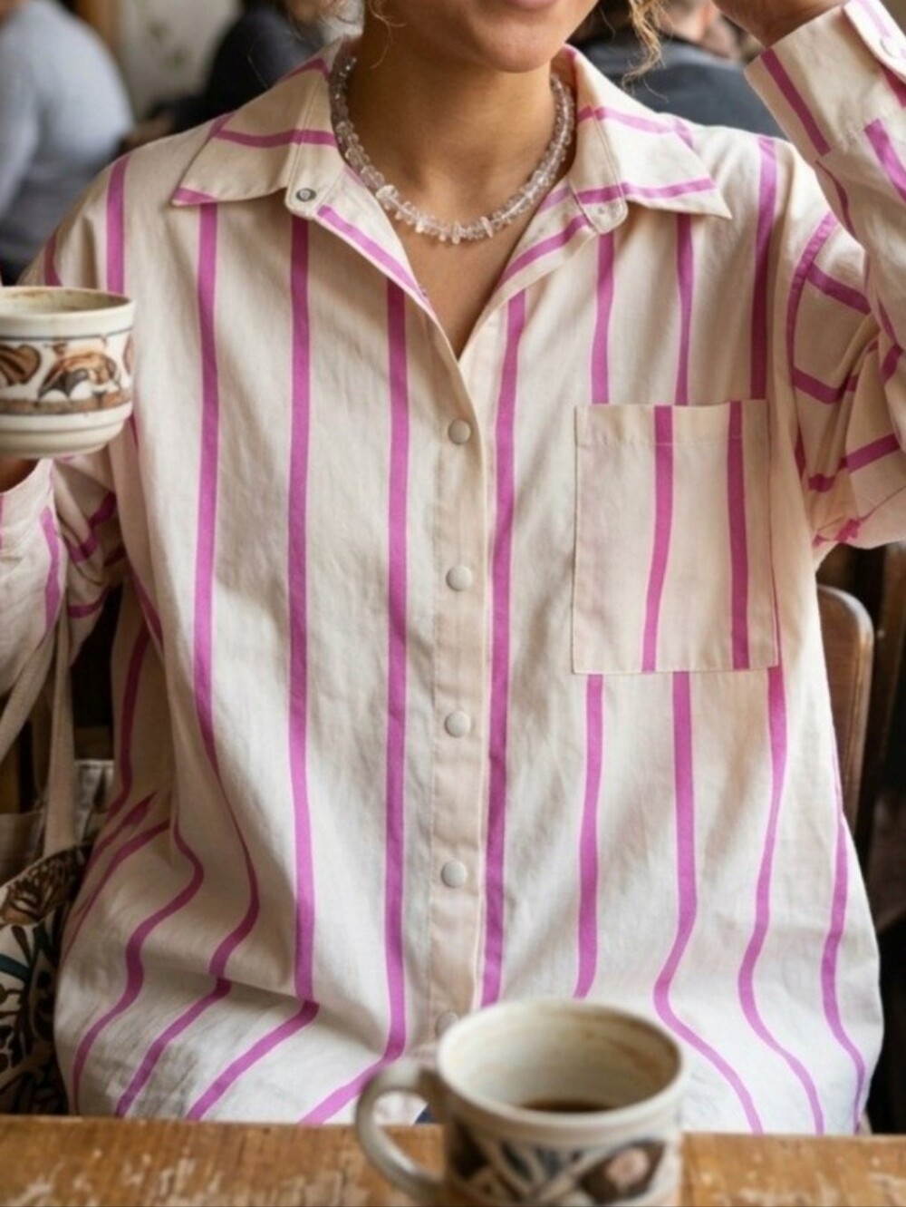 Peach Snap Front Shacket Shirt Pink Cream Striped Oversized Boutique Size M